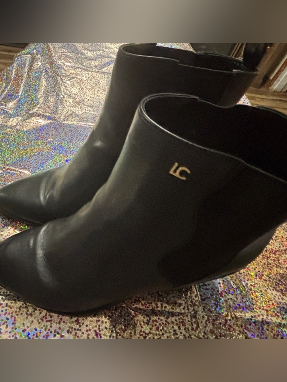 Liz Claiborne Black Pointed Ankle Booties with Gold LC Accent